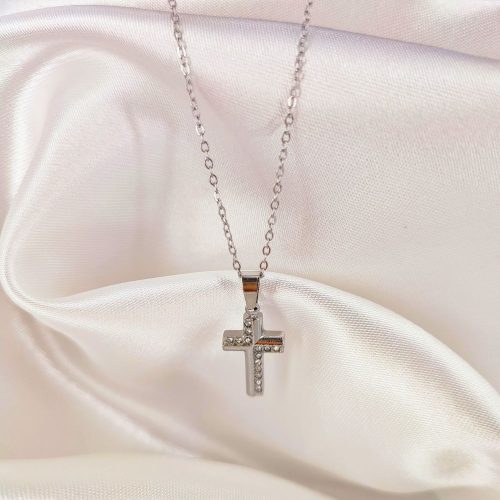 Ατσάλινο κολιέ σταυρός ασημί Fryni necklace