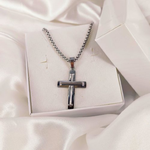 Ατσάλινο κολιέ σταυρός ασημί Madan necklace